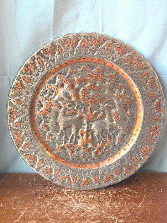 Vintage Middle Eastern Engraved Copper Charger - Gazelles in Garden 13"
