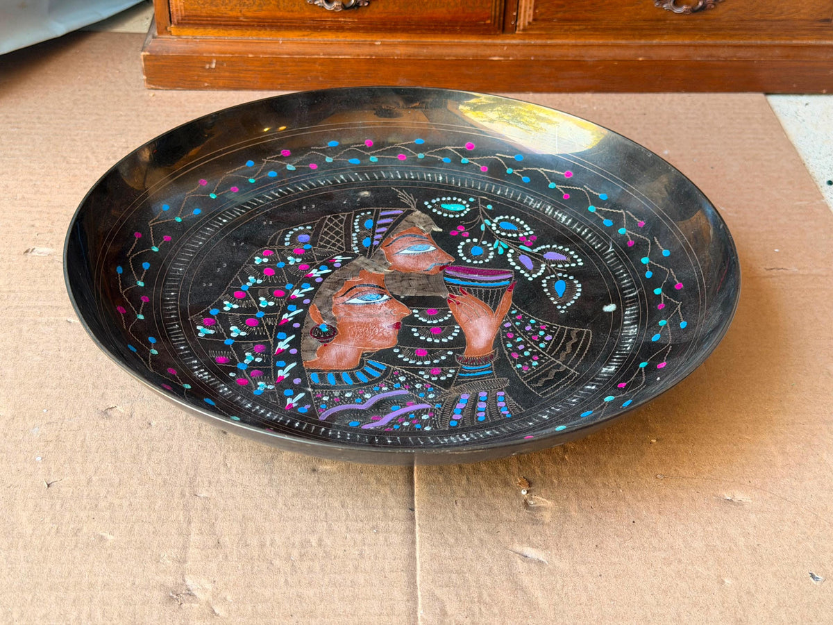 Vintage Middle Eastern Engraved Brass Deep Tray Bowl - Lovers 11.5"