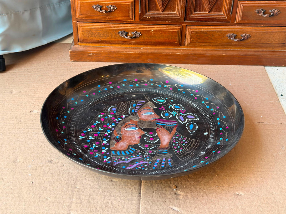 Vintage Middle Eastern Engraved Brass Deep Tray Bowl - Lovers 11.5"