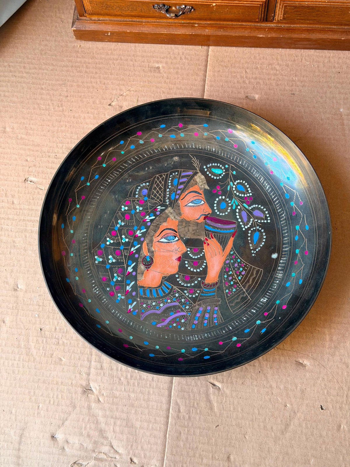 Vintage Middle Eastern Engraved Brass Deep Tray Bowl - Lovers 11.5"