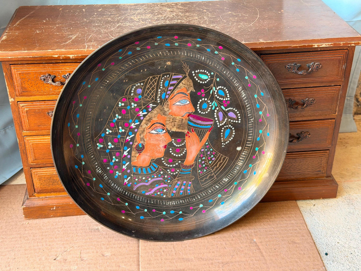 Vintage Middle Eastern Engraved Brass Deep Tray Bowl - Lovers 11.5"