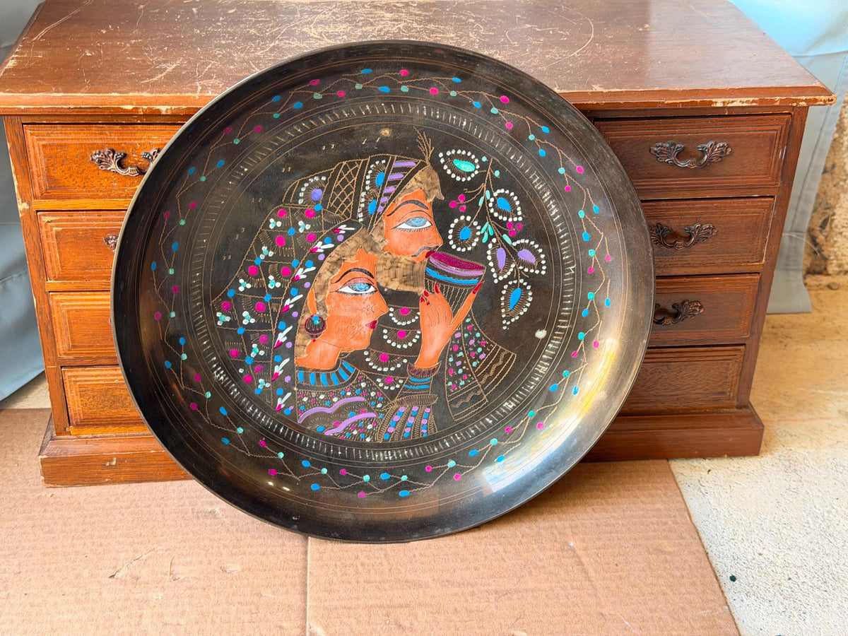 Vintage Middle Eastern Engraved Brass Deep Tray Bowl - Lovers 11.5"