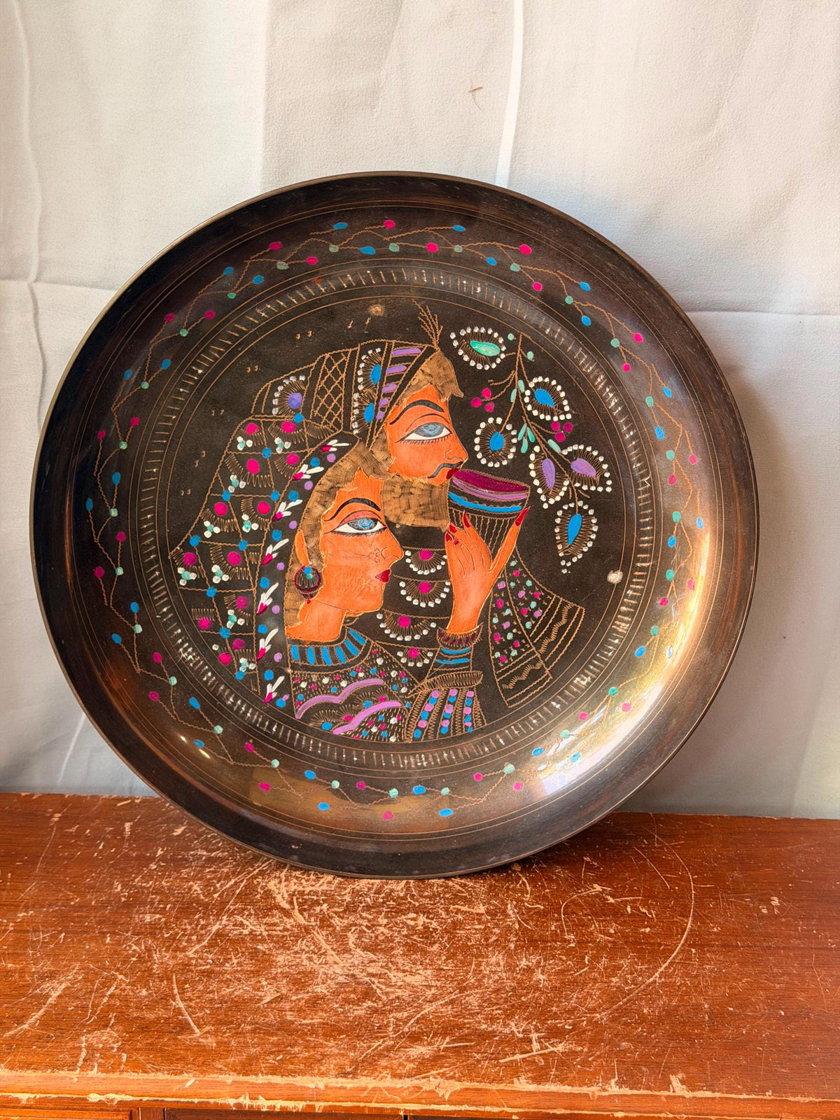 Vintage Middle Eastern Engraved Brass Deep Tray Bowl - Lovers 11.5"
