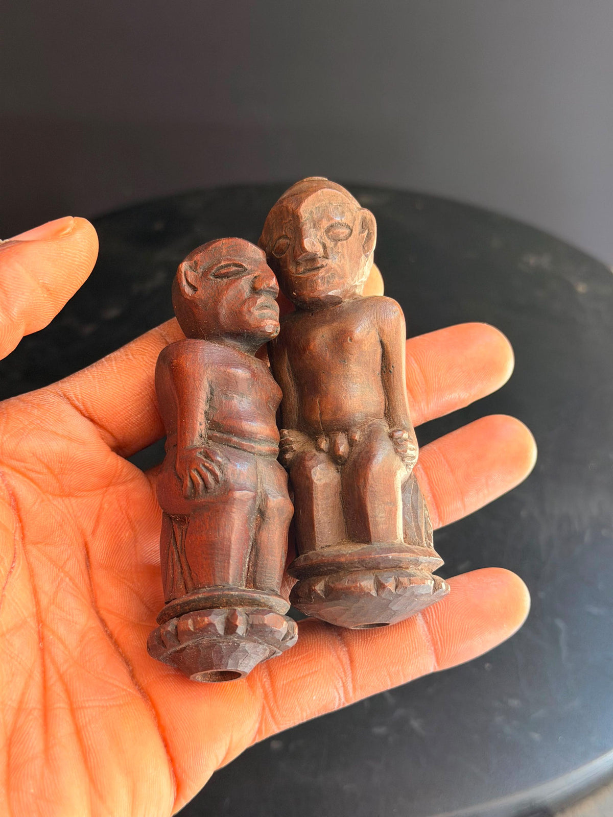 Pair Vintage Carved Wood Indonesian Figures Miniature Finial Stopper Statue 3.8"