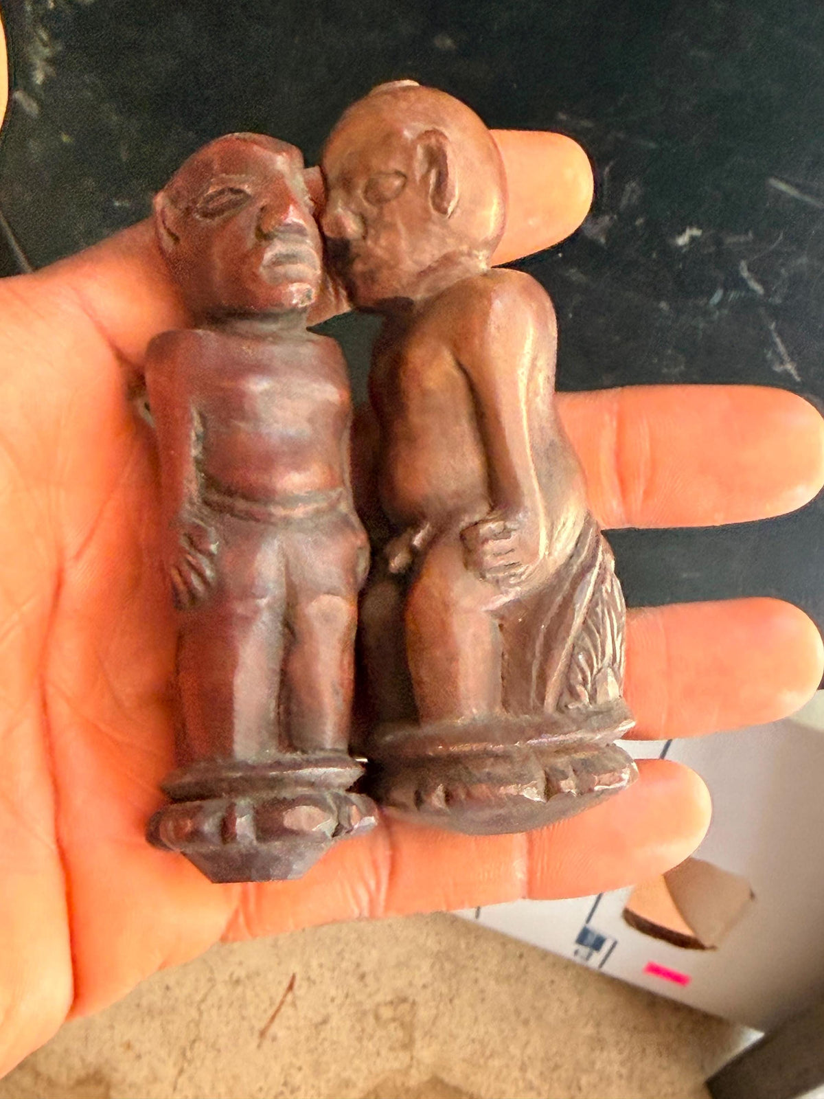 Pair Vintage Carved Wood Indonesian Figures Miniature Finial Stopper Statue 3.8"