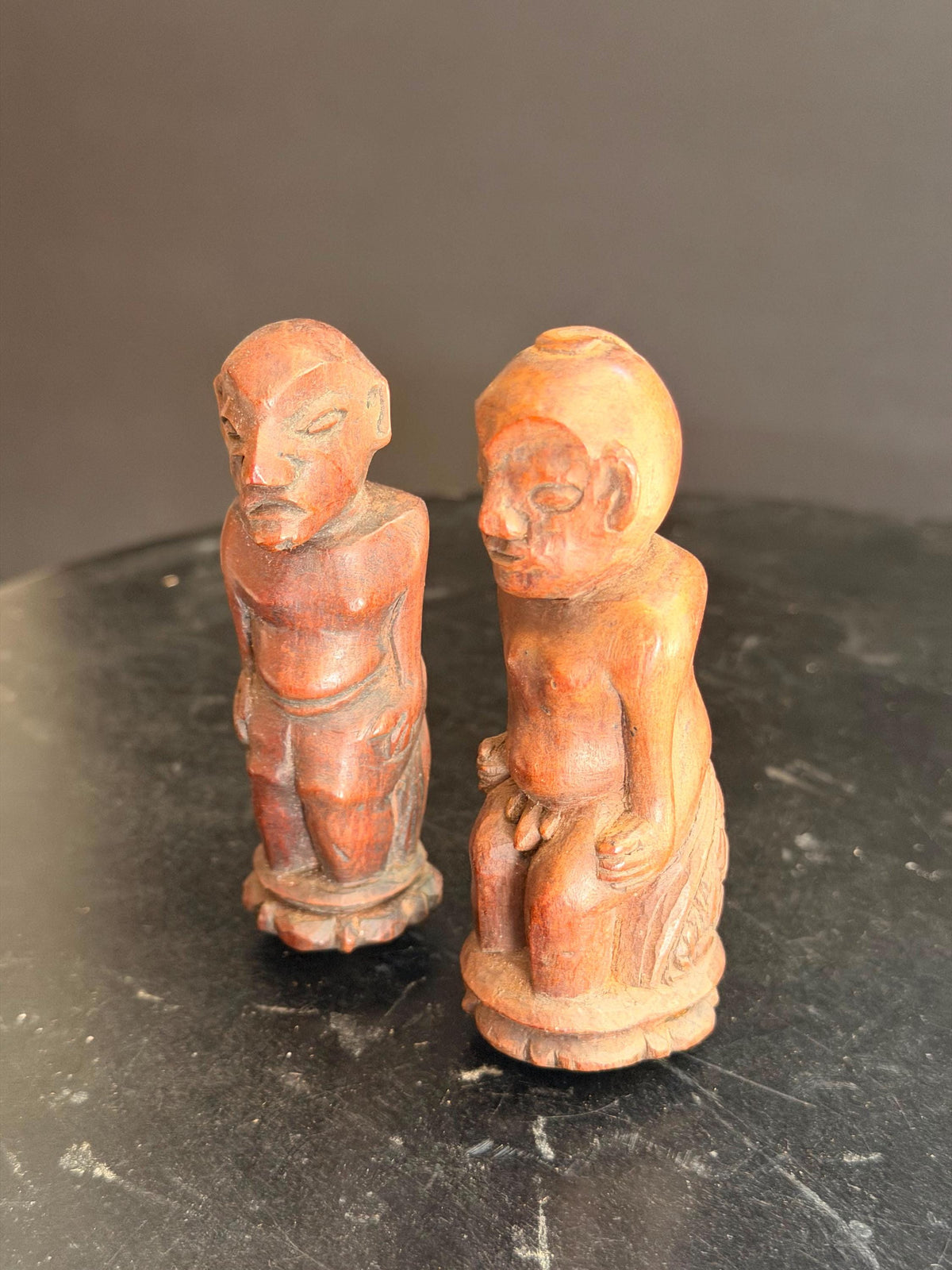 Pair Vintage Carved Wood Indonesian Figures Miniature Finial Stopper Statue 3.8"