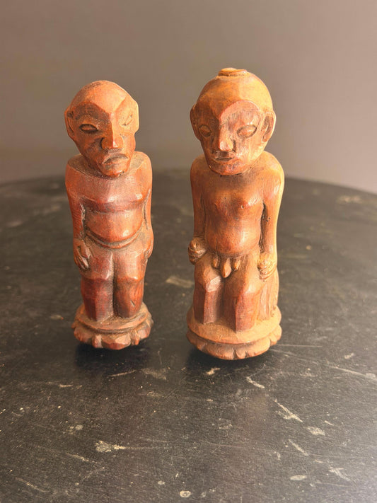 Pair Vintage Carved Wood Indonesian Figures Miniature Finial Stopper Statue 3.8"