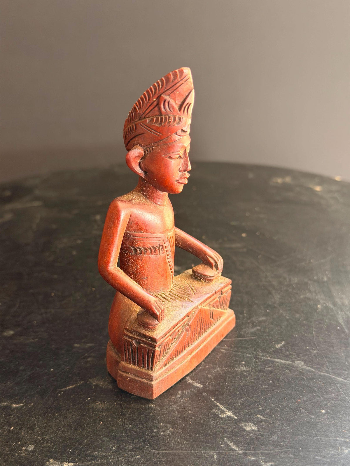 Vintage Balinese Carved Wood Gamelan Musician Statue Indonesian Figure 4.5"