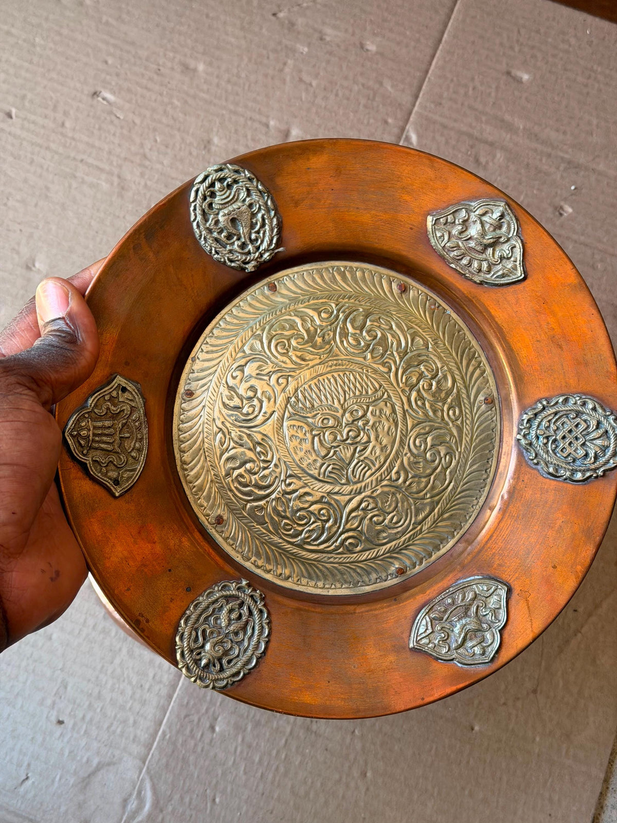 Vintage Asian Copper Brass Wall Charger Plaque Set 9.8" 6.3"