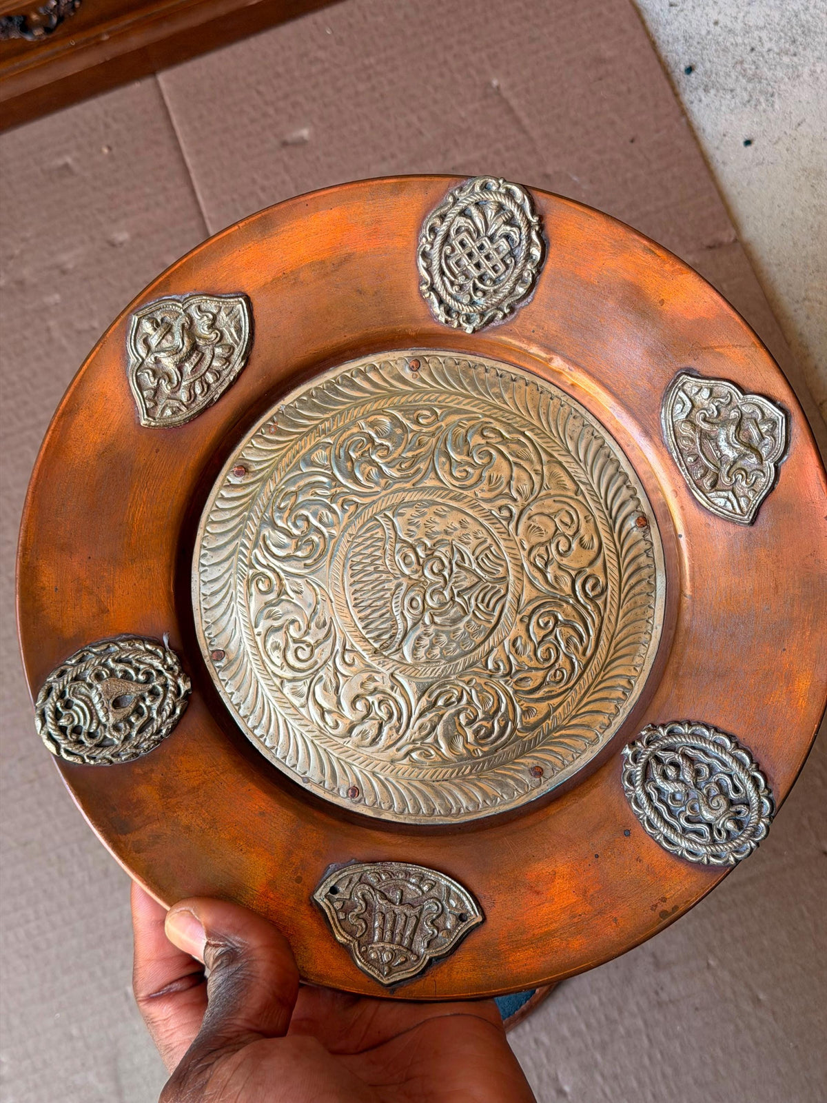 Vintage Asian Copper Brass Wall Charger Plaque Set 9.8" 6.3"