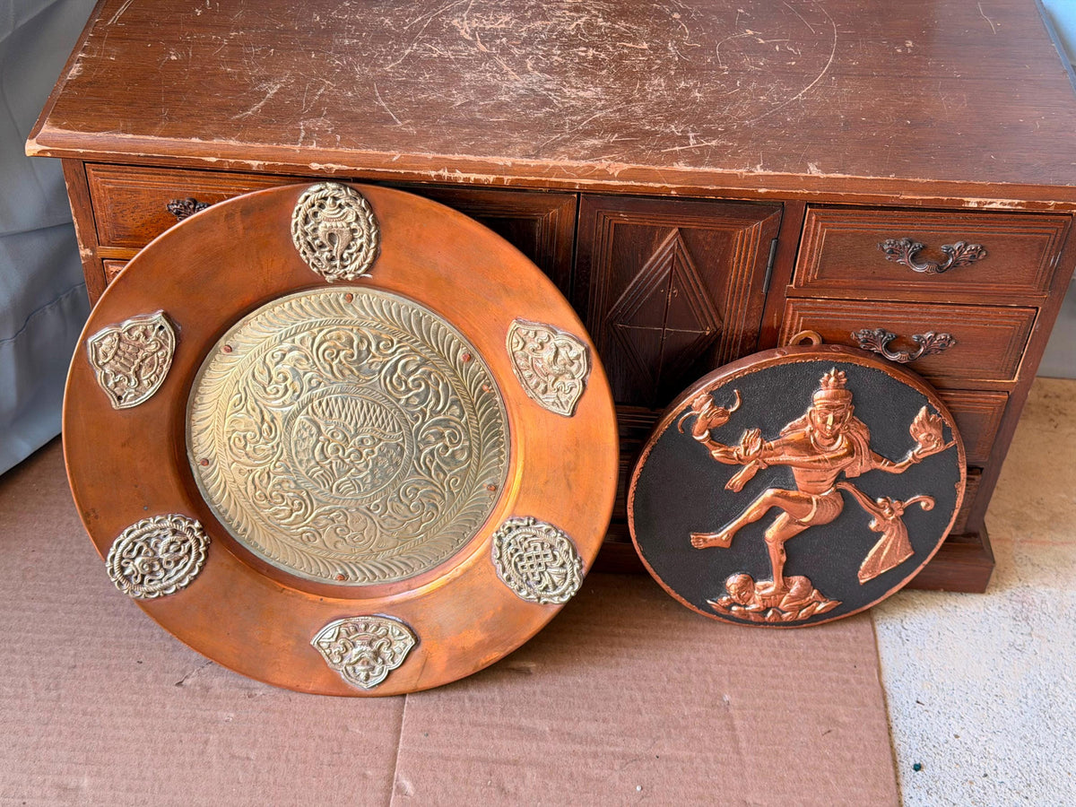 Vintage Asian Copper Brass Wall Charger Plaque Set 9.8" 6.3"