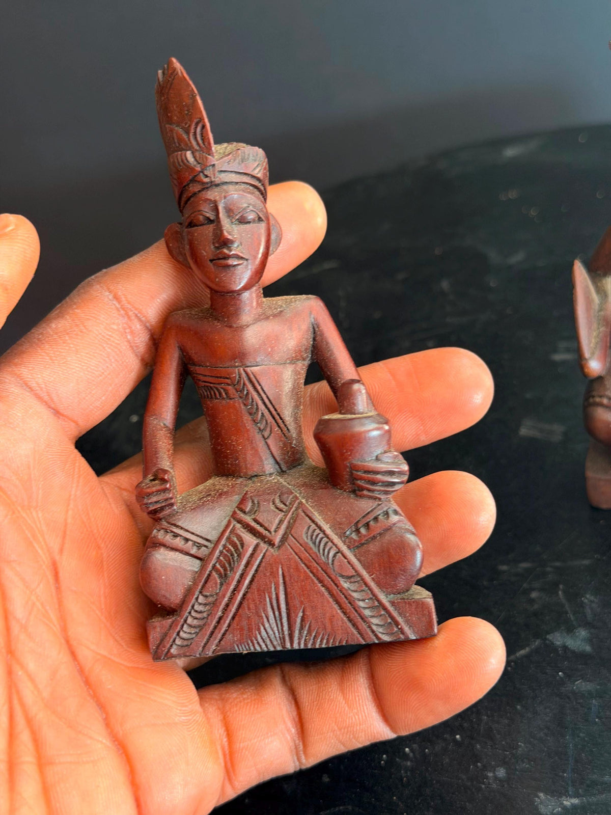 Pair Vintage Balinese Carved Wood Dancer Musician Statue Figures 4.5"