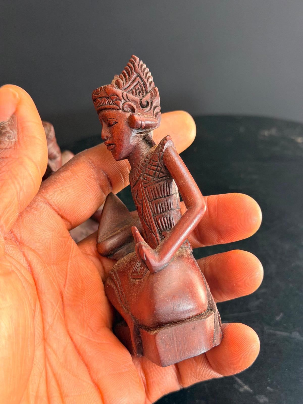 Pair Vintage Balinese Carved Wood Dancer Musician Statue Figures 4.5"