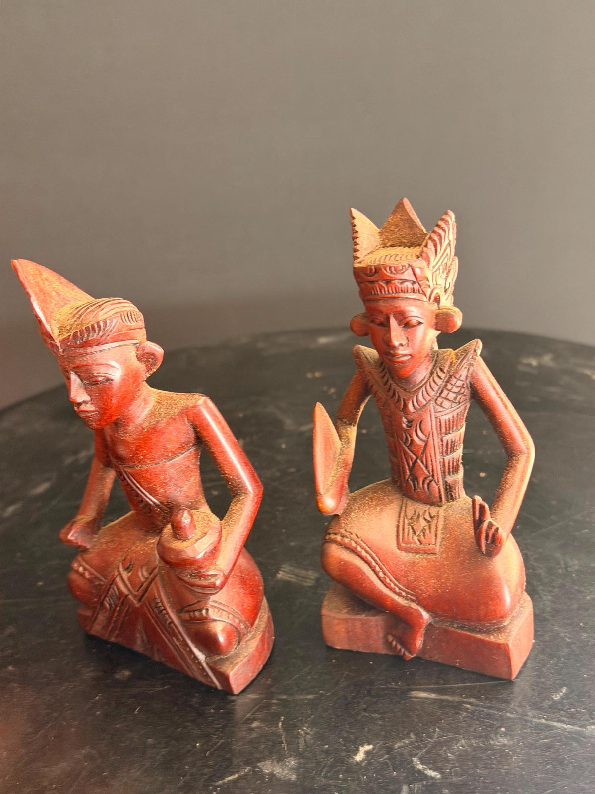 Pair Vintage Balinese Carved Wood Dancer Musician Statue Figures 4.5"