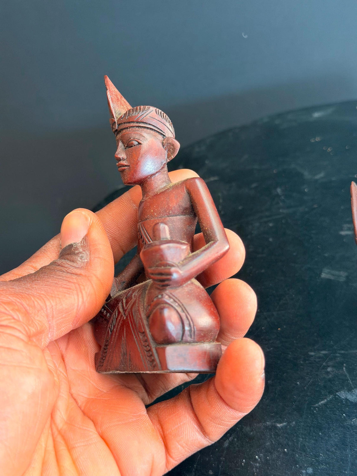 Pair Vintage Balinese Carved Wood Dancer Musician Statue Figures 4.5"