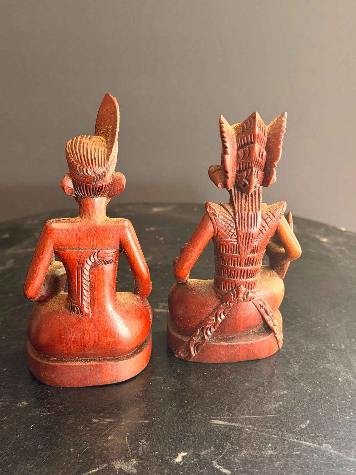 Pair Vintage Balinese Carved Wood Dancer Musician Statue Figures 4.5"