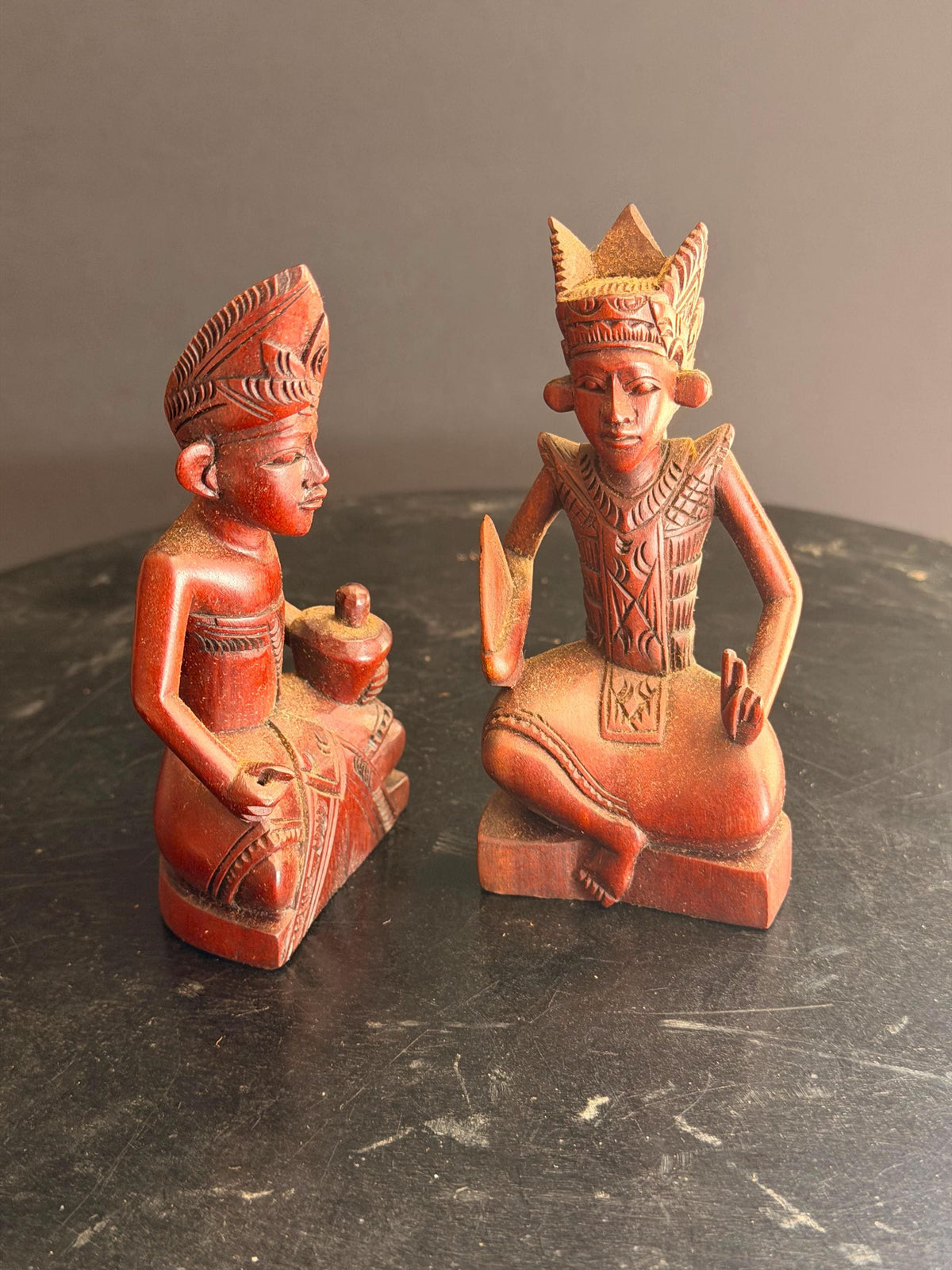 Pair Vintage Balinese Carved Wood Dancer Musician Statue Figures 4.5"