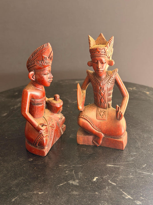 Pair Vintage Balinese Carved Wood Dancer Musician Statue Figures 4.5"