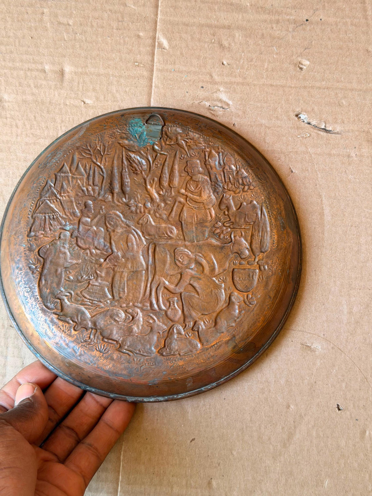 Vintage Middle Eastern Copper Wall Plate 8.5" Pastoral Folk Art