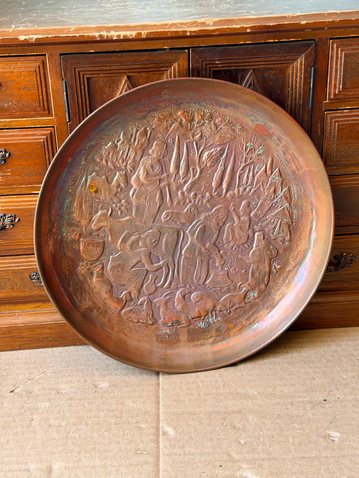 Vintage Middle Eastern Copper Wall Plate 8.5" Pastoral Folk Art