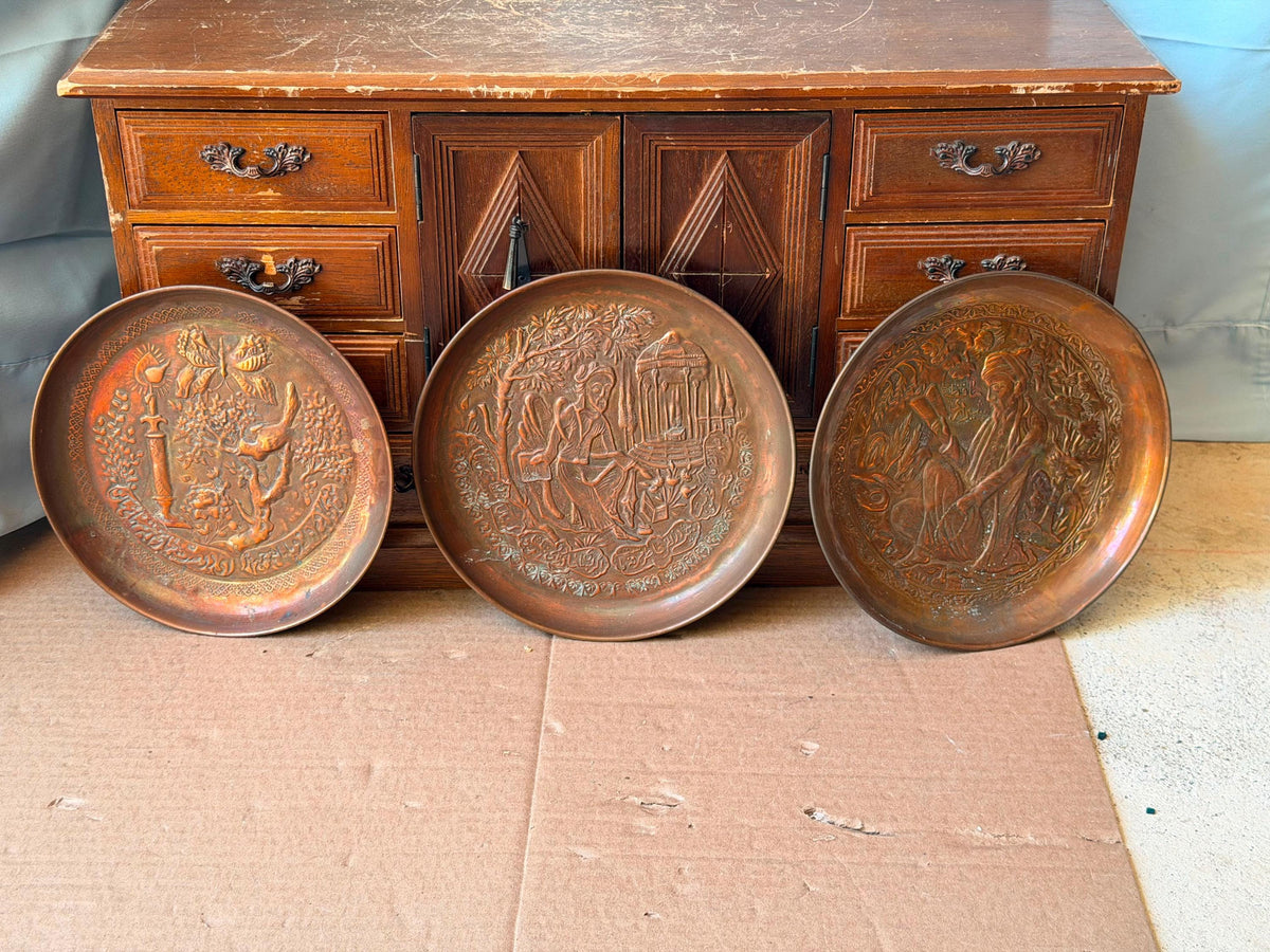 Vintage Middle Eastern Copper Wall Plate Set 3 Pc Hand Chased Relief 6.8"