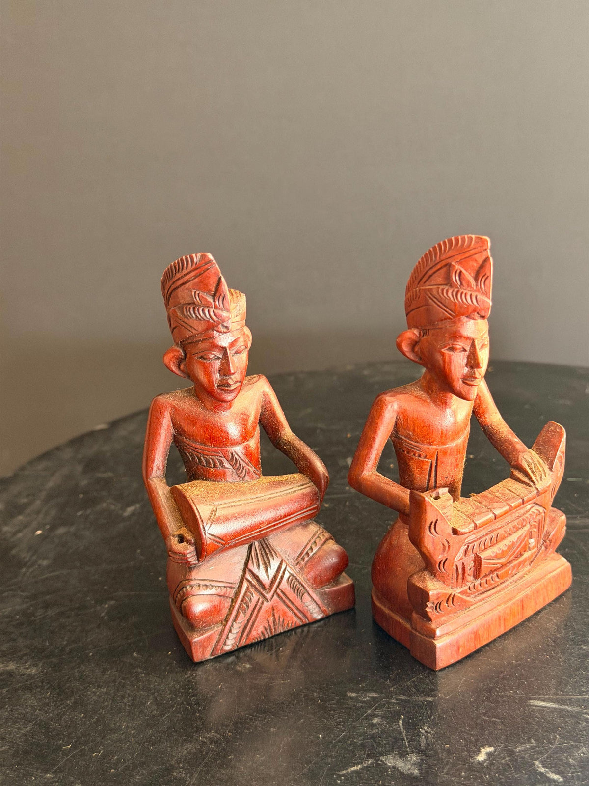 Vintage Balinese Carved Wood Gamelan Musician Pair Kendang Drum Statue 4.5"