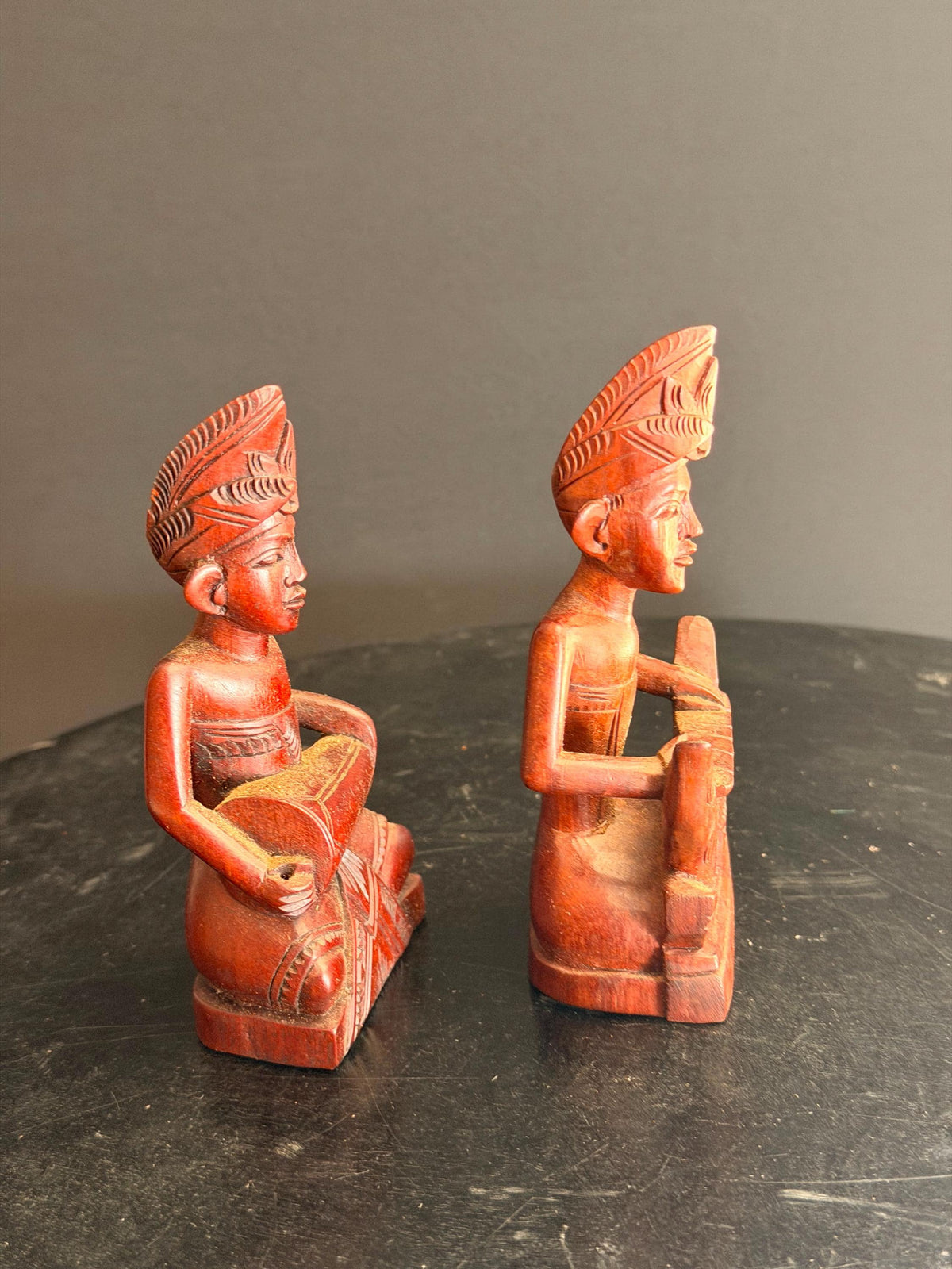 Vintage Balinese Carved Wood Gamelan Musician Pair Kendang Drum Statue 4.5"