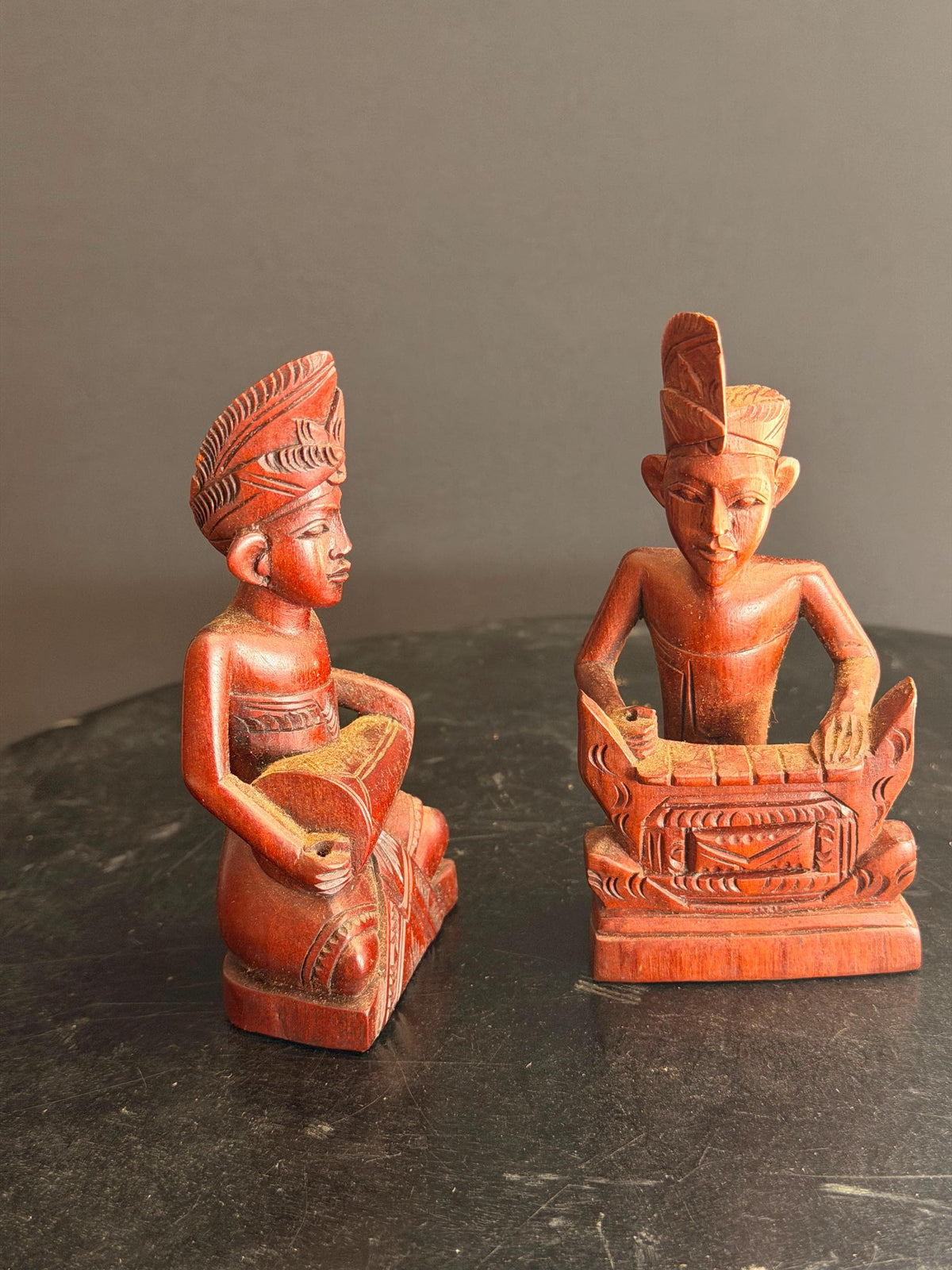 Vintage Balinese Carved Wood Gamelan Musician Pair Kendang Drum Statue 4.5"
