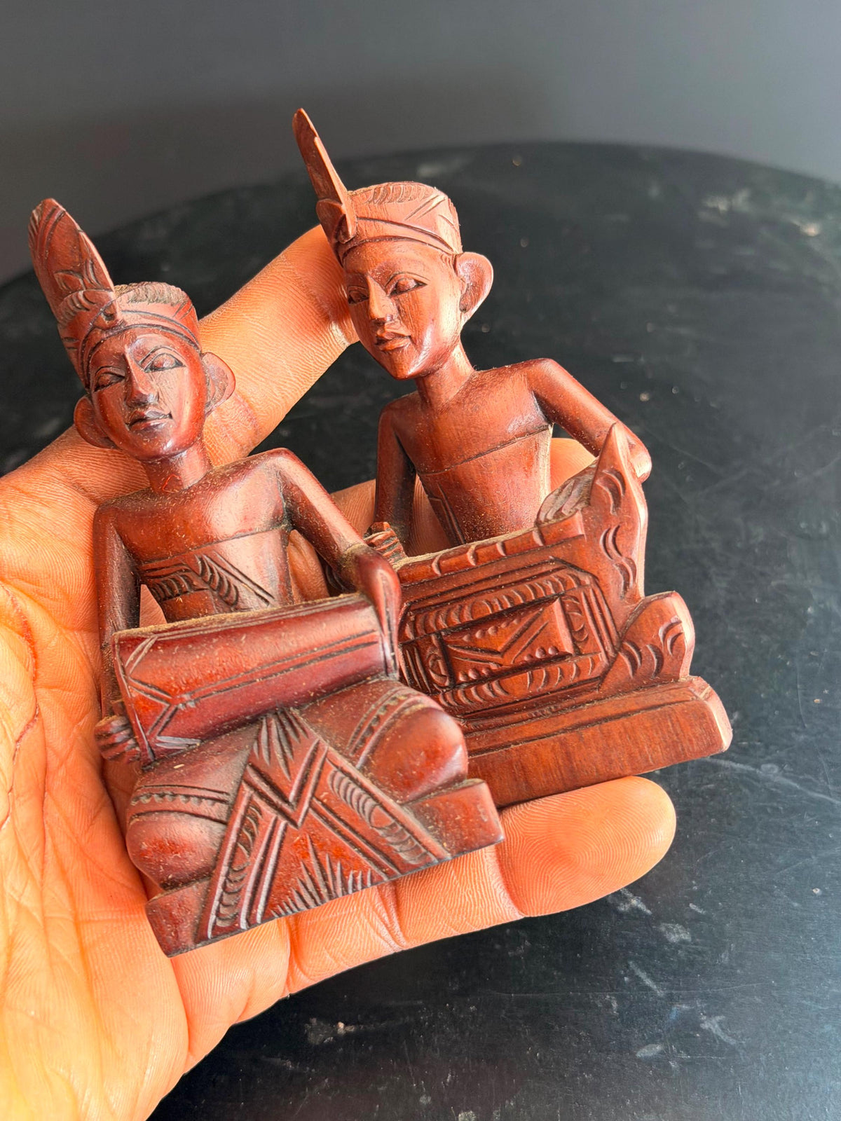 Vintage Balinese Carved Wood Gamelan Musician Pair Kendang Drum Statue 4.5"
