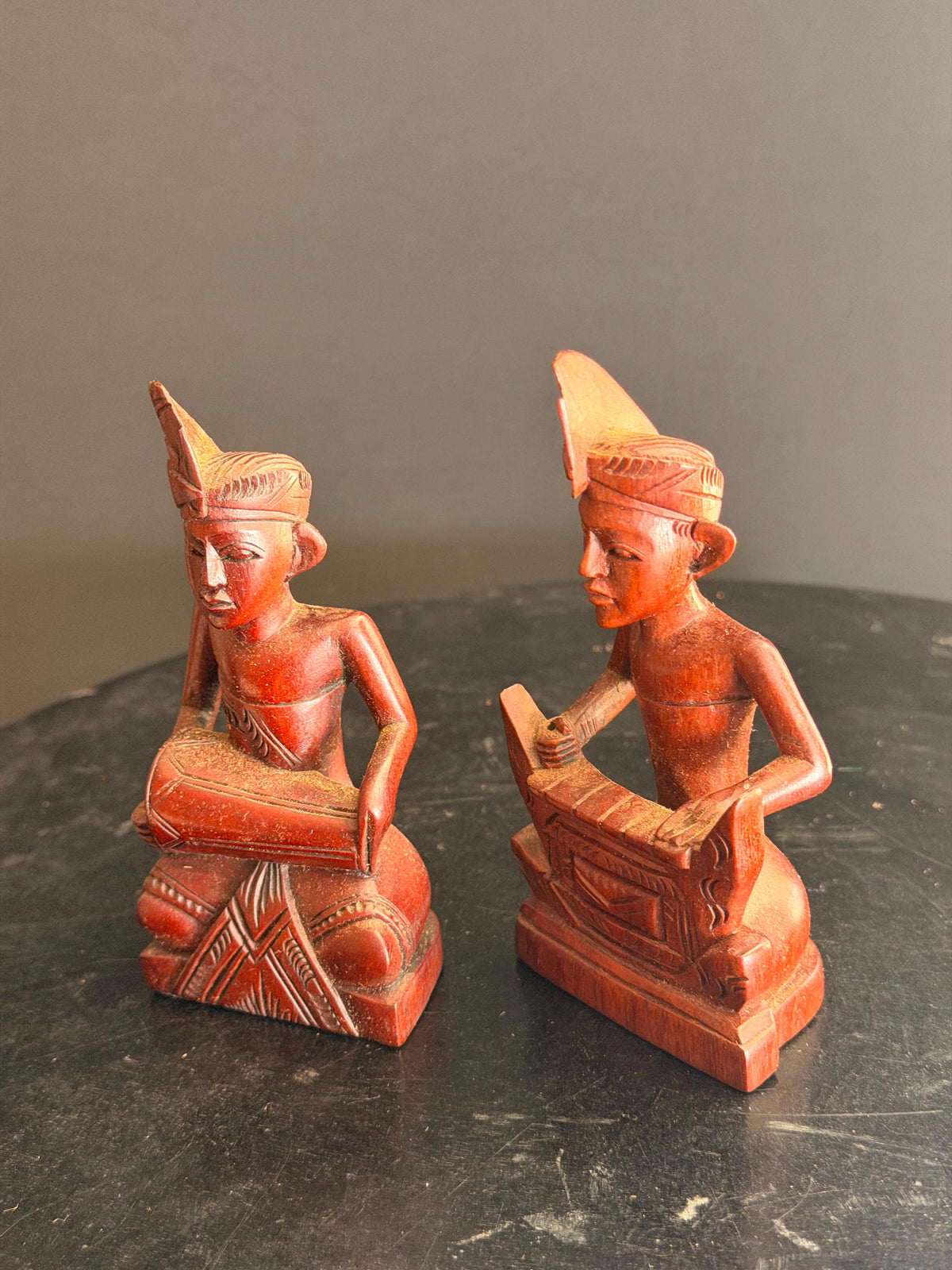 Vintage Balinese Carved Wood Gamelan Musician Pair Kendang Drum Statue 4.5"
