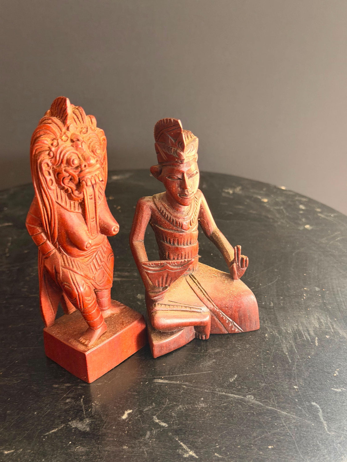 Pair Vintage Balinese Carved Wood Rangda Demon & Dancer Statues 5"