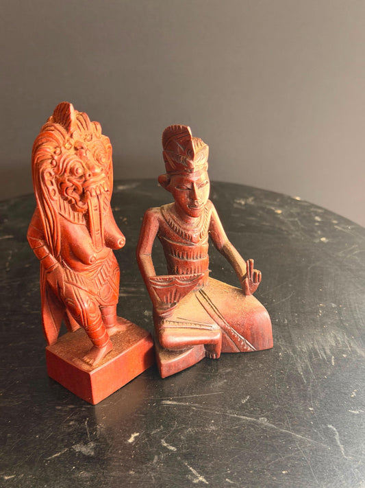 Pair Vintage Balinese Carved Wood Rangda Demon & Dancer Statues 5"