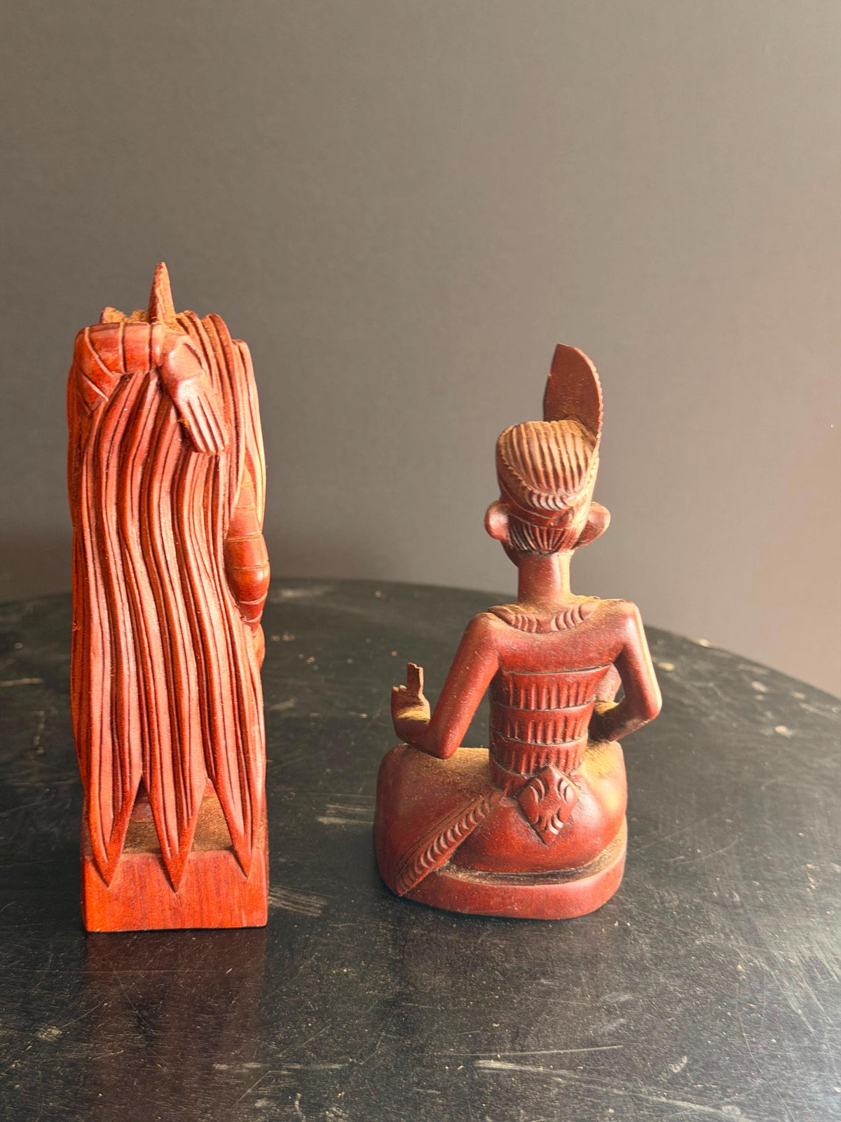 Pair Vintage Balinese Carved Wood Rangda Demon & Dancer Statues 5"