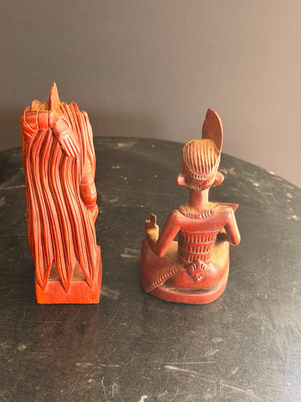 Pair Vintage Balinese Carved Wood Rangda Demon & Dancer Statues 5"