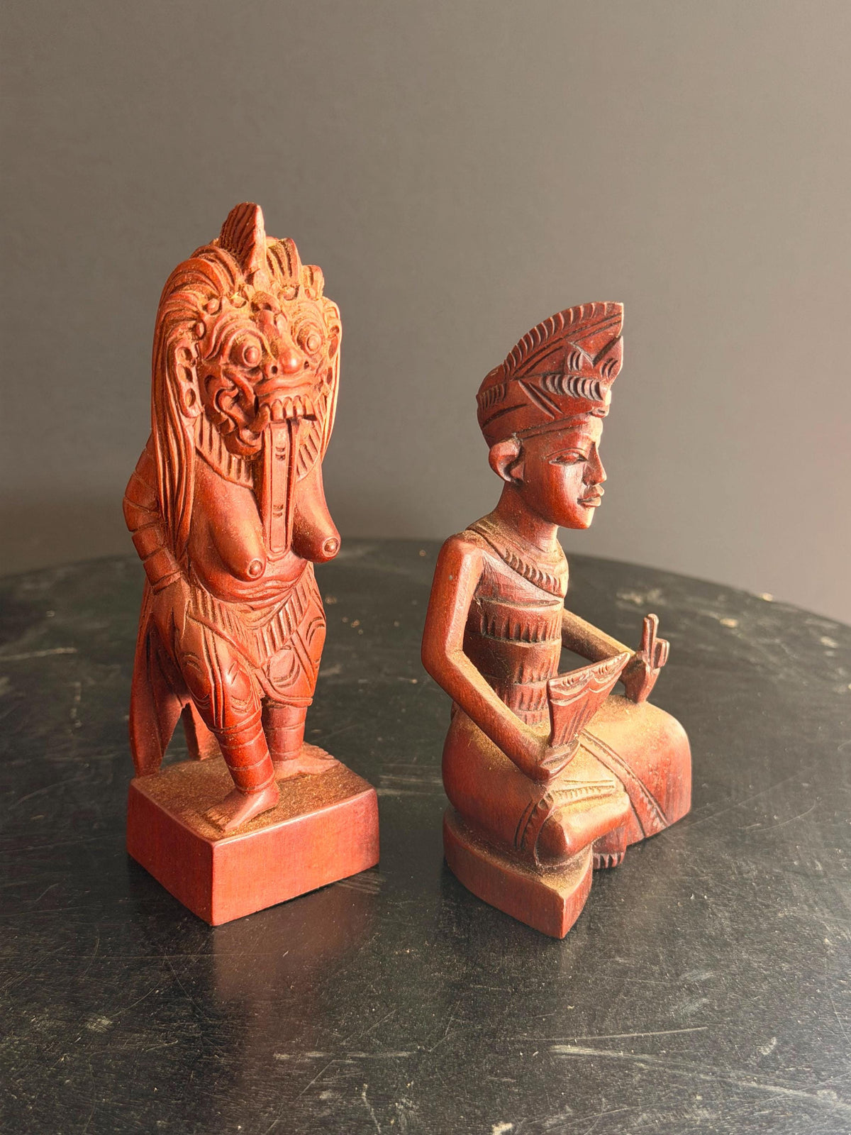 Pair Vintage Balinese Carved Wood Rangda Demon & Dancer Statues 5"