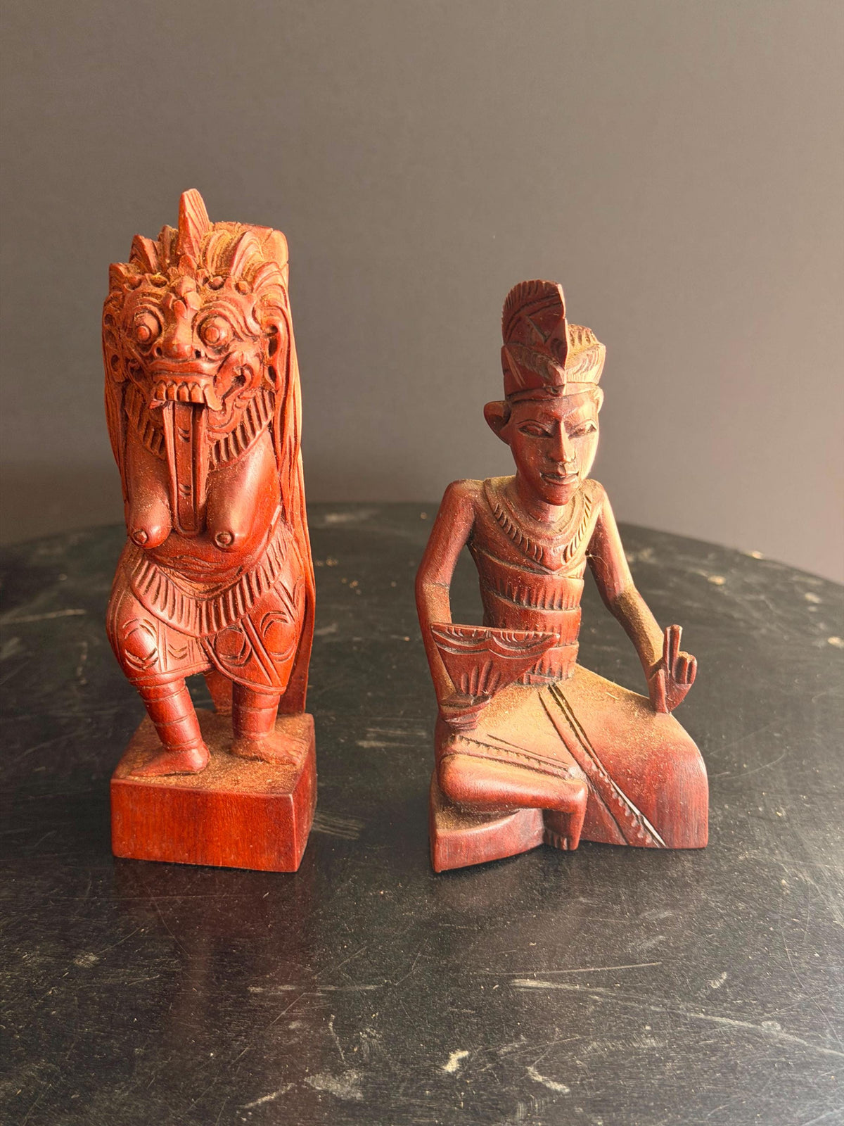 Pair Vintage Balinese Carved Wood Rangda Demon & Dancer Statues 5"
