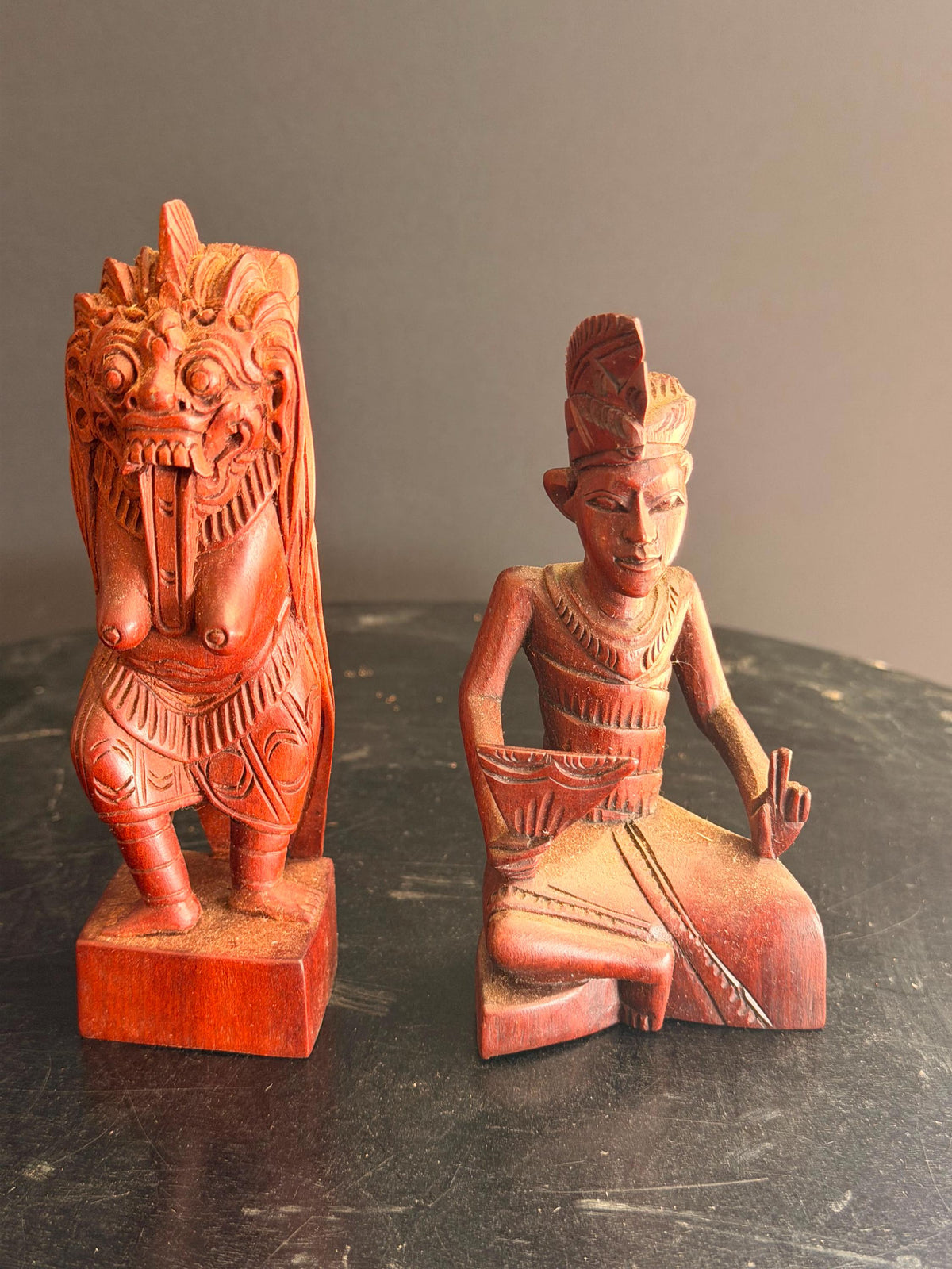 Pair Vintage Balinese Carved Wood Rangda Demon & Dancer Statues 5"