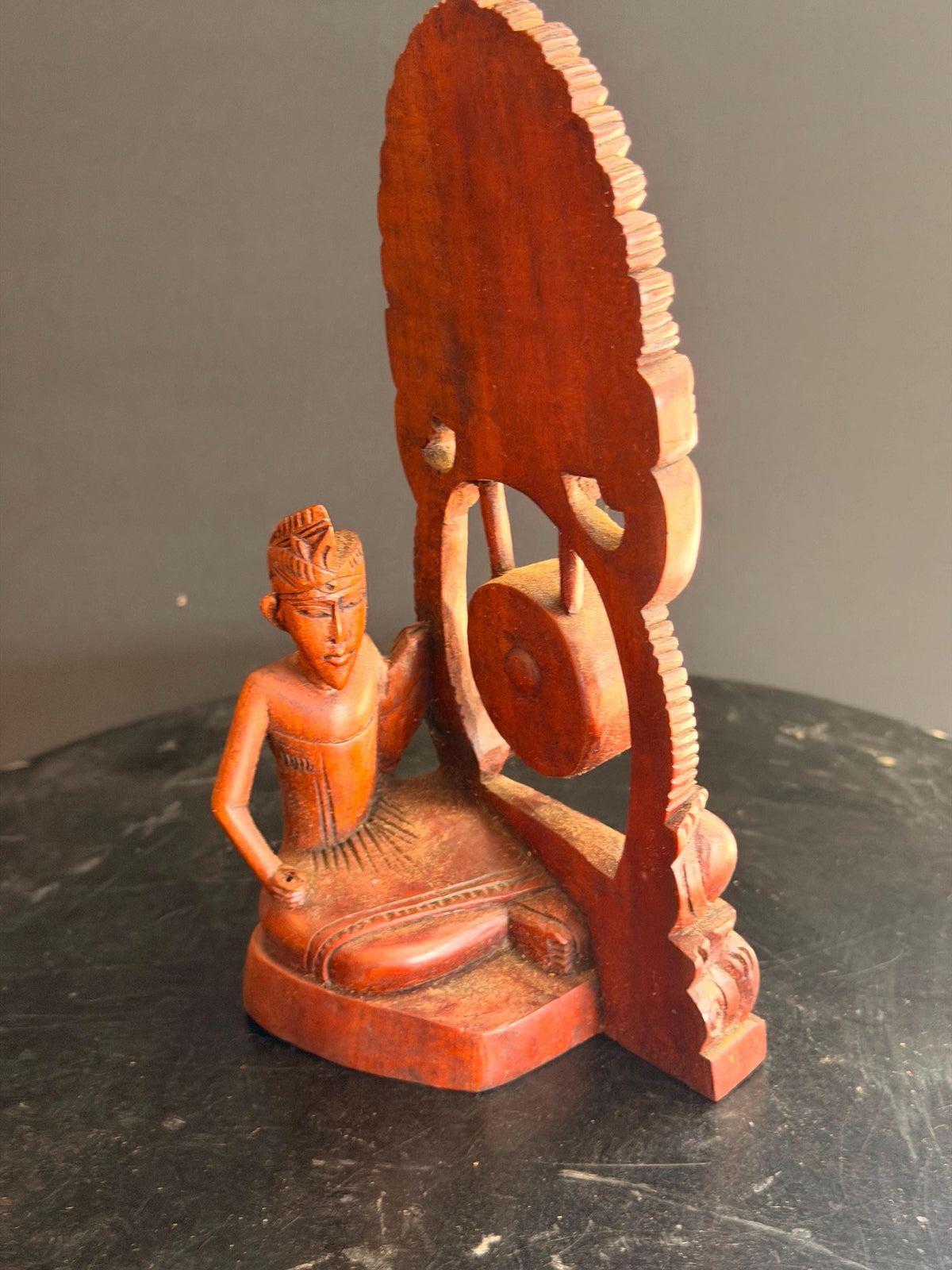 Vintage Balinese Carved Wood Gamelan Gong Player Statue Boma Mask 7.8"
