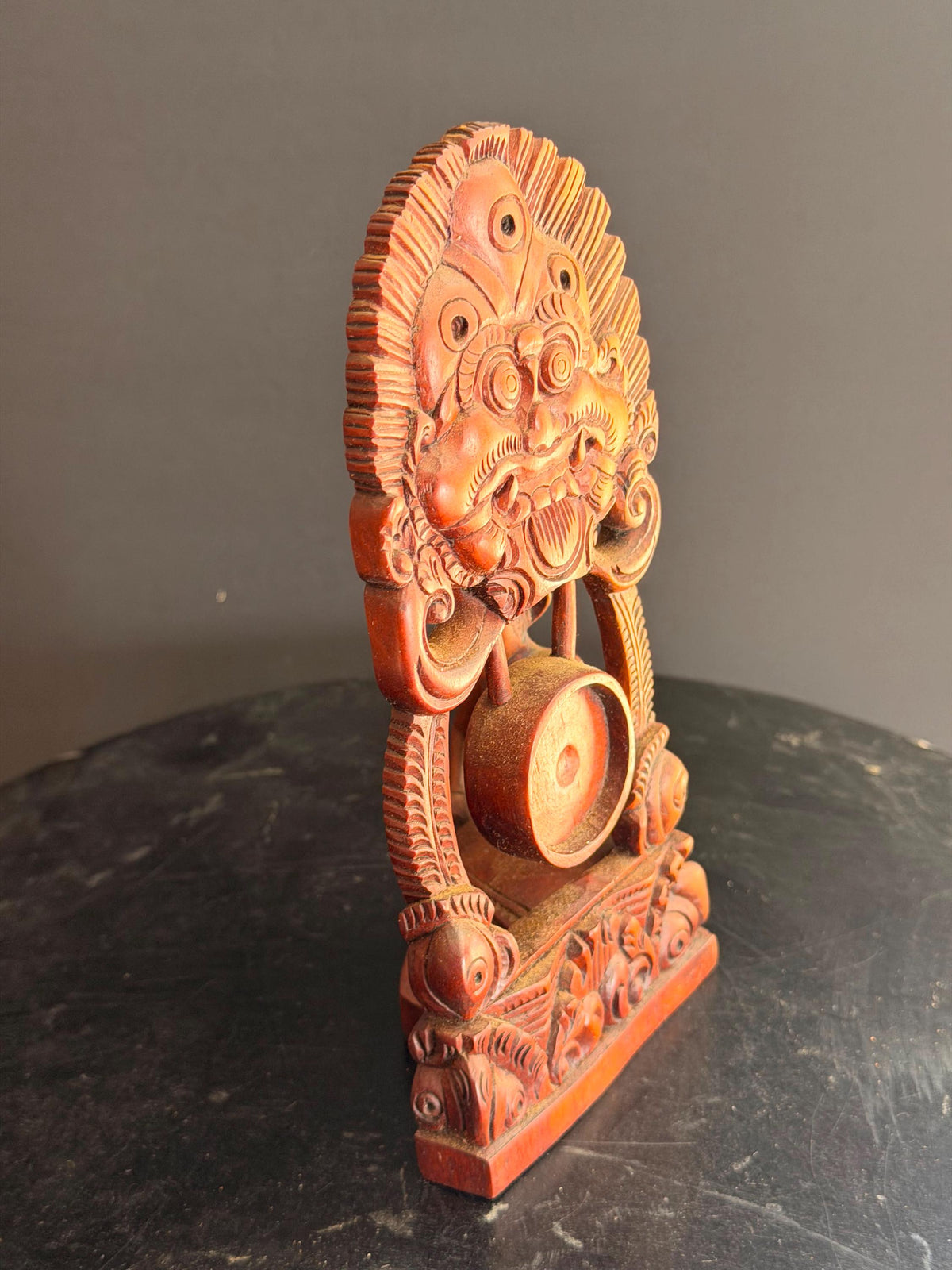 Vintage Balinese Carved Wood Gamelan Gong Player Statue Boma Mask 7.8"