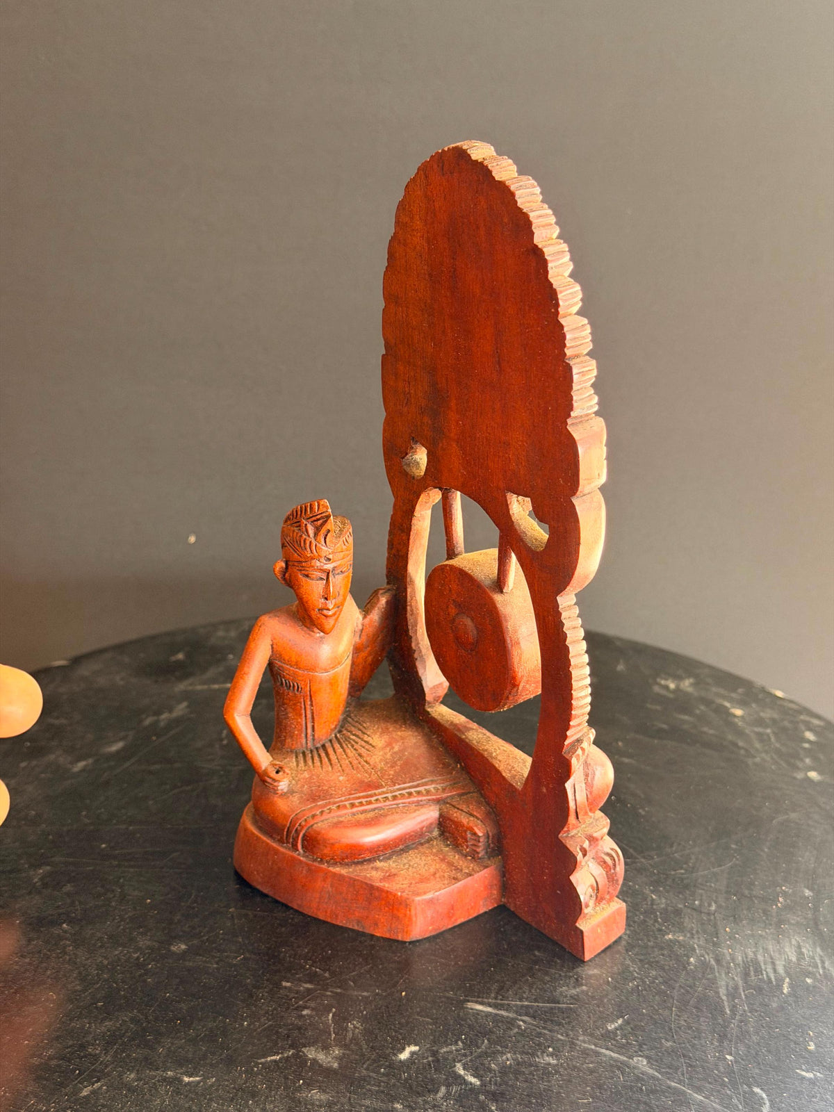 Vintage Balinese Carved Wood Gamelan Gong Player Statue Boma Mask 7.8"