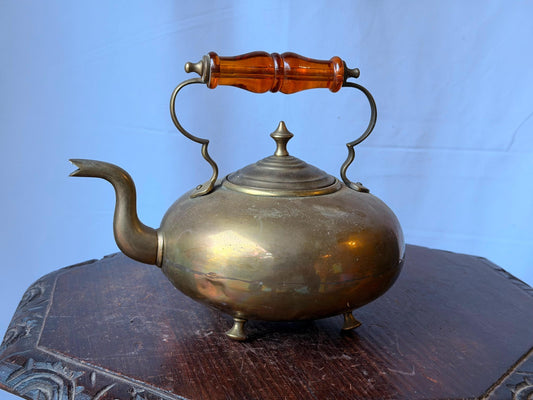 Antique James Clews Brass Toddy Kettle Amber Glass Handle Footed Vessel