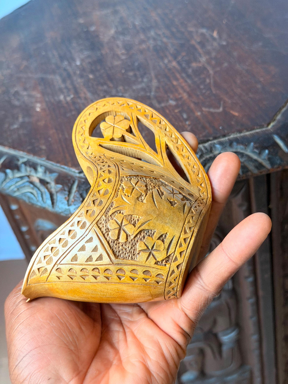Vintage Carved Wood Folk Art Scoop Vessel Floral Openwork Handle Accent
