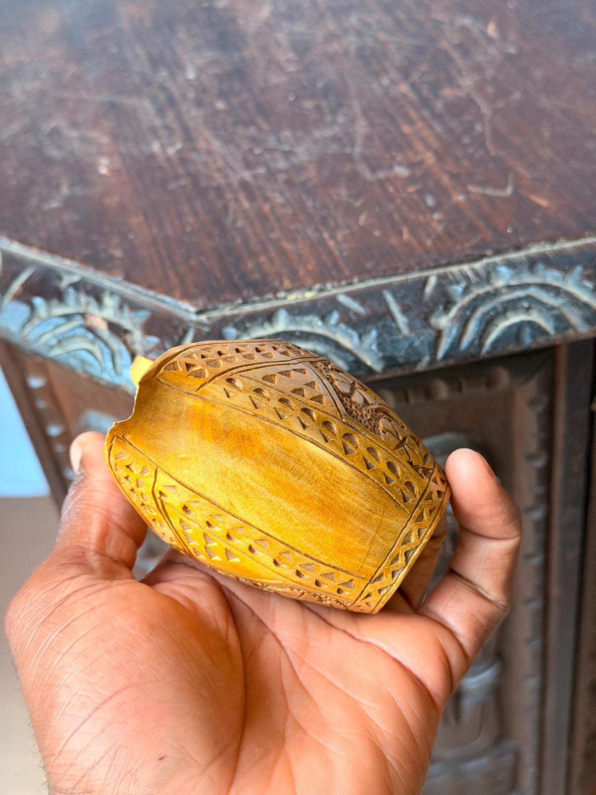 Vintage Carved Wood Folk Art Scoop Vessel Floral Openwork Handle Accent