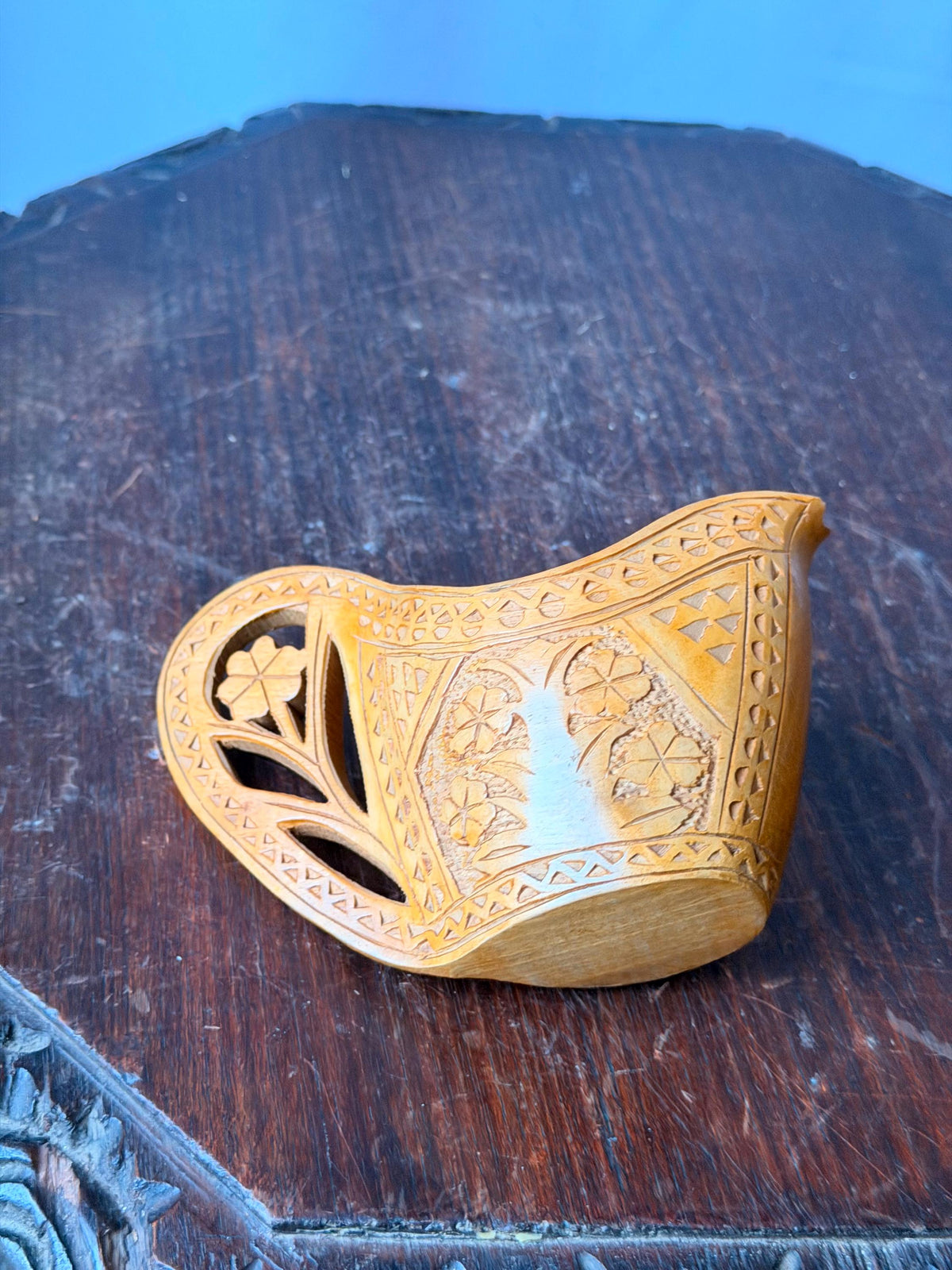 Vintage Carved Wood Folk Art Scoop Vessel Floral Openwork Handle Accent