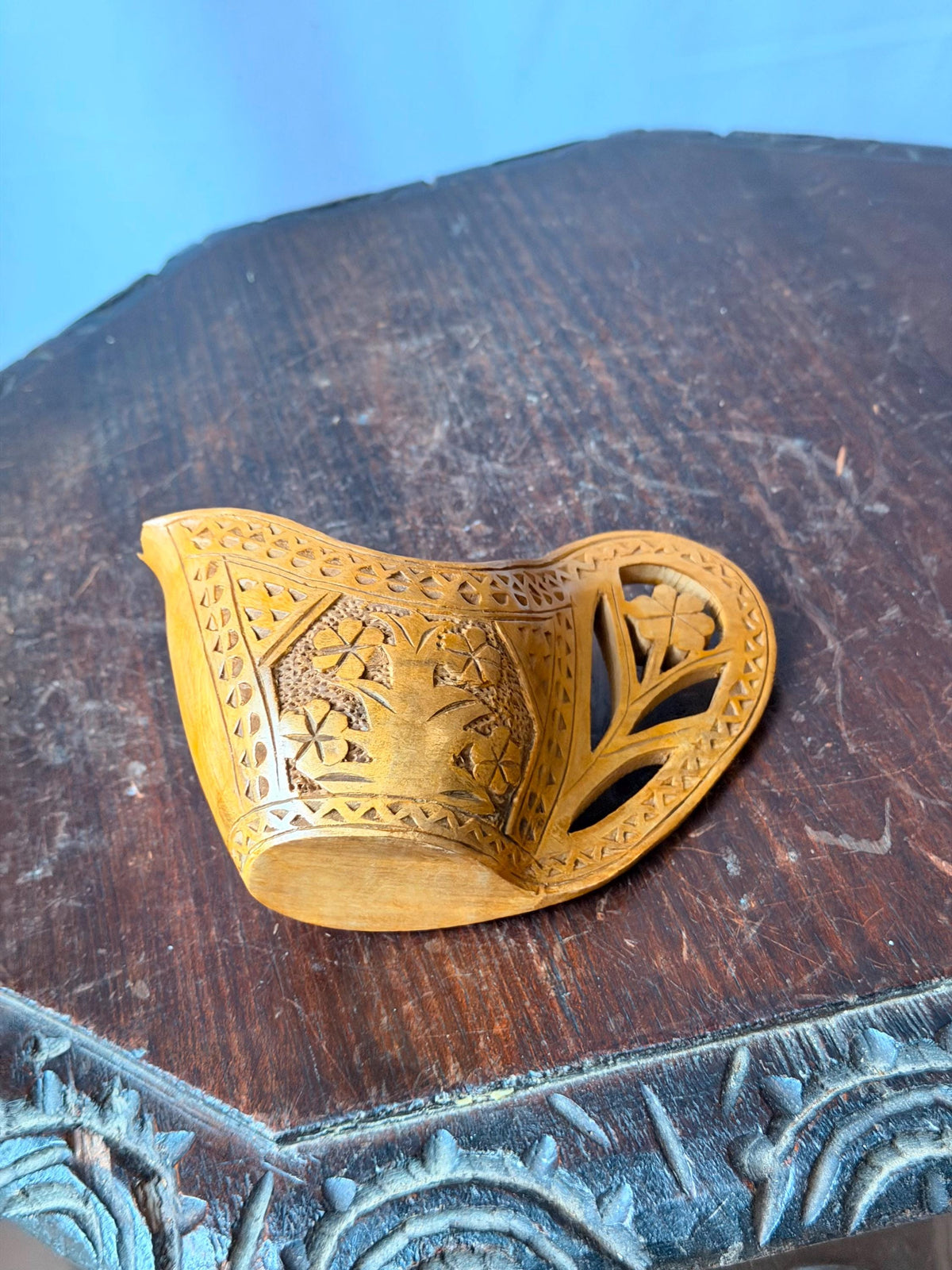 Vintage Carved Wood Folk Art Scoop Vessel Floral Openwork Handle Accent