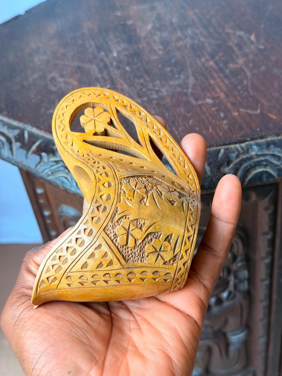 Vintage Carved Wood Folk Art Scoop Vessel Floral Openwork Handle Accent