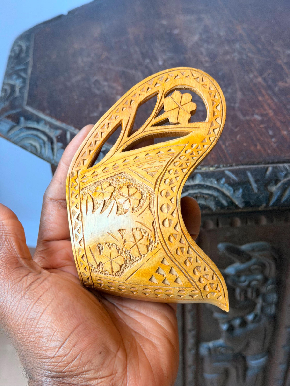 Vintage Carved Wood Folk Art Scoop Vessel Floral Openwork Handle Accent