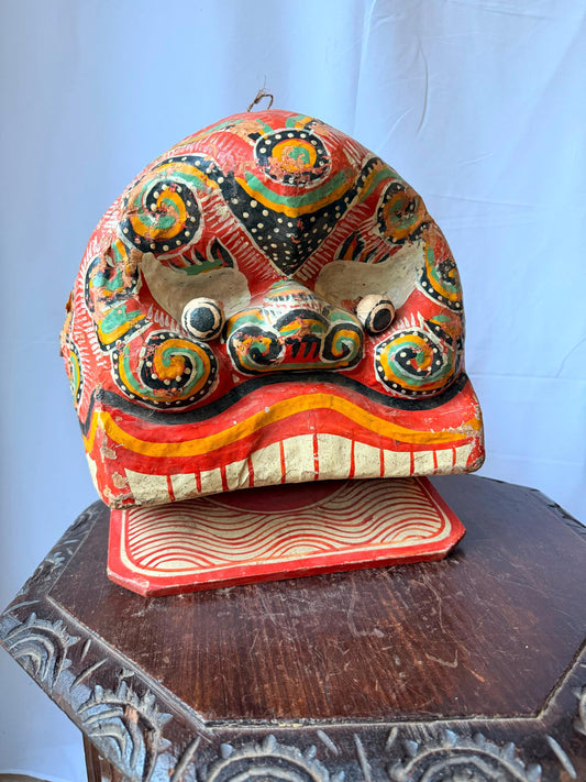 Vintage Chinese Papier Mache Lion Dance Head Mask Folk Art Wall Hanging