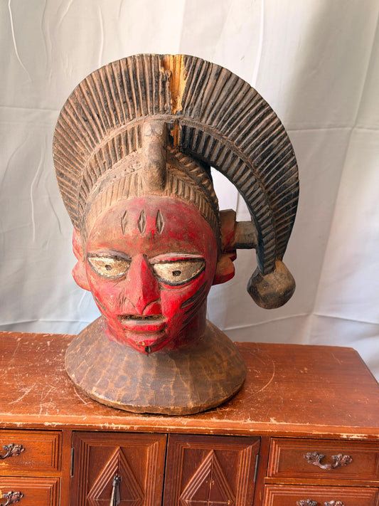 Vintage Yoruba Egungun Carved Wood Head Crest Statue 12.5" Red Osun Pigment