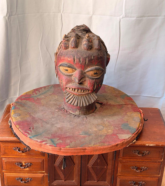 Vintage Yoruba Egungun Carved Wood Head Sculpture on Fabric Plateau Base 13.5"